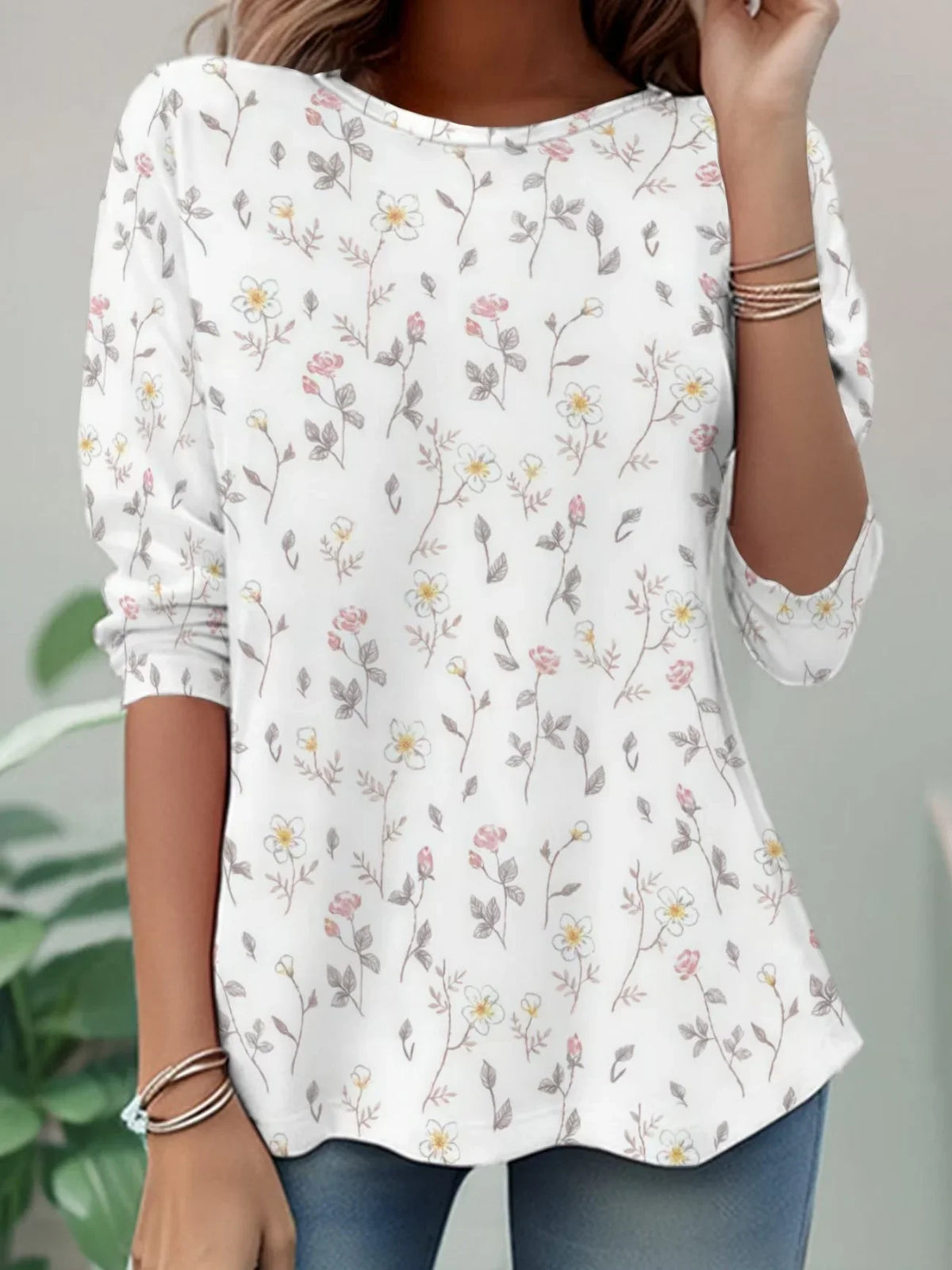 Floral Crew Neck Long Sleeve Tunic Top