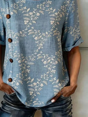 Vintage Floral Linen Blend Button Short Sleeve Top