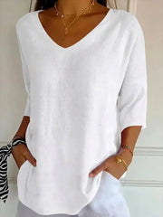 Plain V Neck Three Quarter Sleeve Casual Graphic Tee
