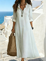 V Neck Floral Embroidery Long Sleeve Maxi Dress