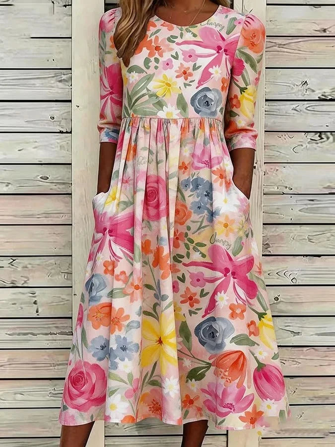 Floral Crew Neck Half Sleeve A-Line Maxi Dress