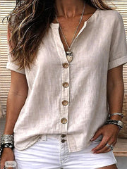 V Neck Button Half Sleeve Cotton Poly Casual Shirt