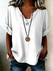 V Neck Plain Half Sleeve Linen Blend Casual Blouse