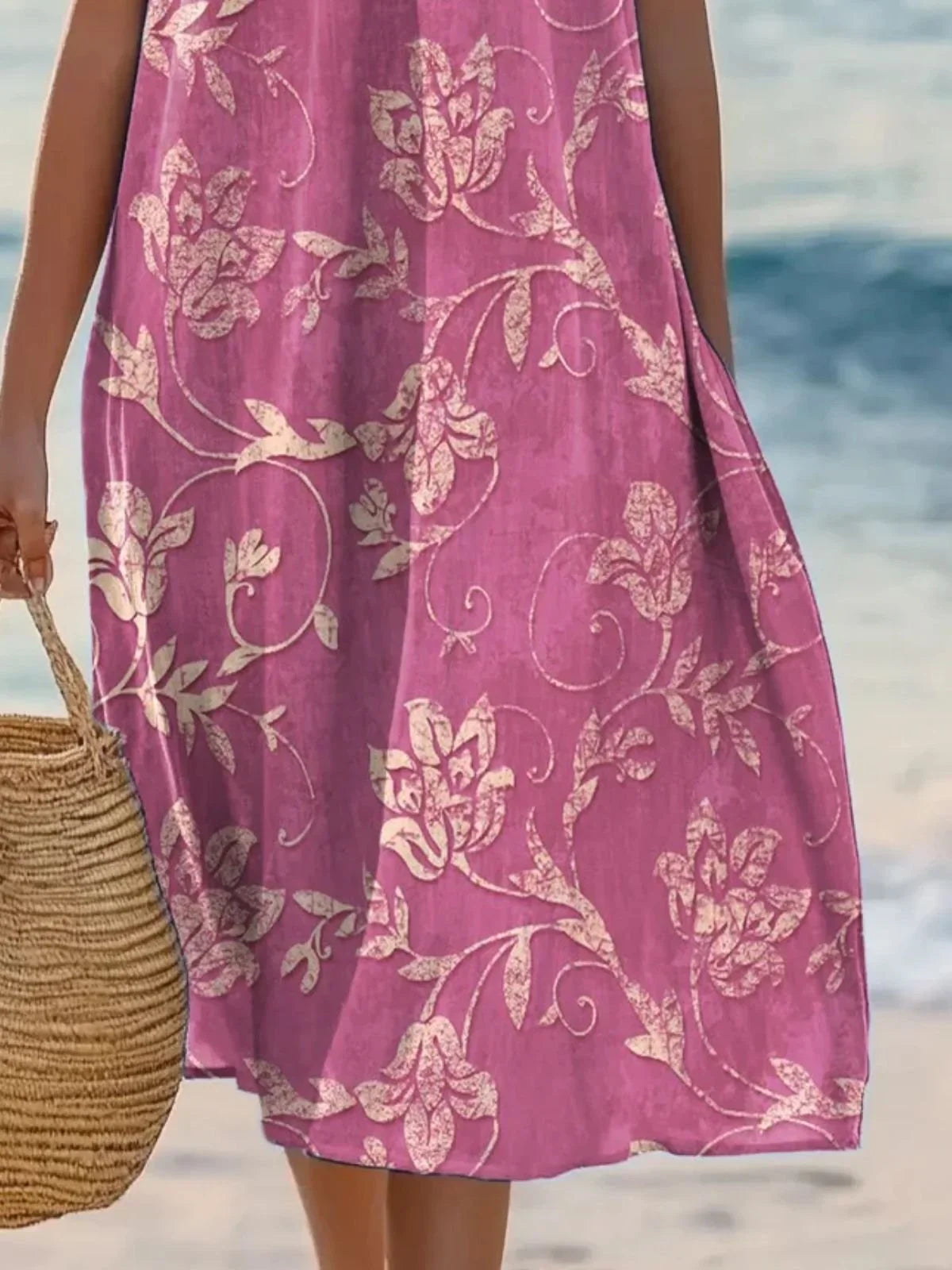 Plant Leaf Print Sleeveless Crew Neck A-Line Midi Dress