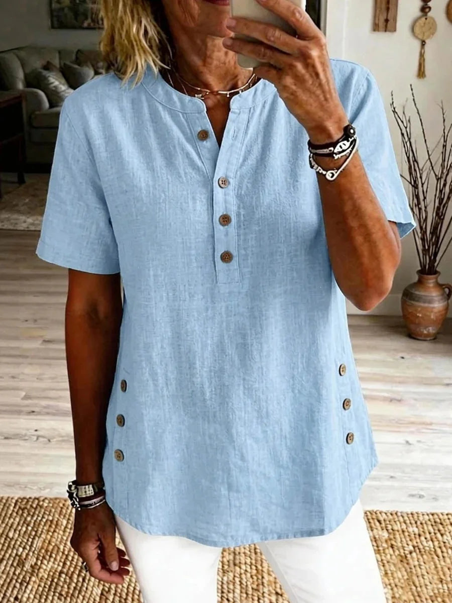 Stand Collar Side Button Linen Blend Short Sleeve Casual Shirt