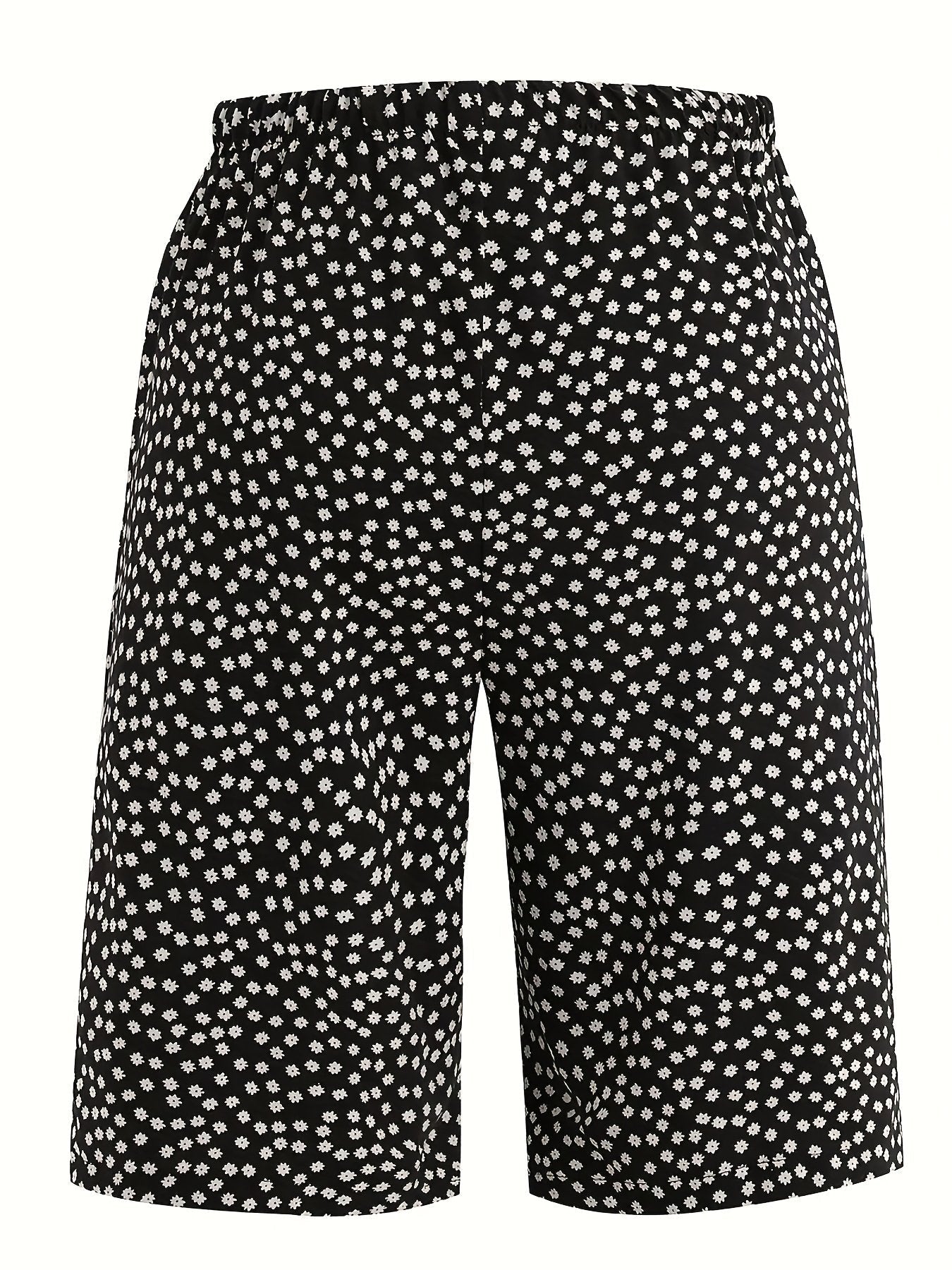 Polka Dot Floral Drawstring Waist Straight Capri Pants