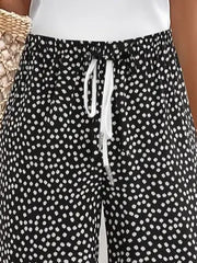 Polka Dot Floral Drawstring Waist Straight Capri Pants