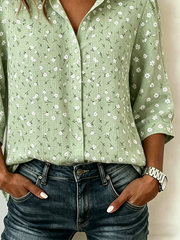 Vintage Floral Shawl Collar Half Sleeve Linen Blend Blouse