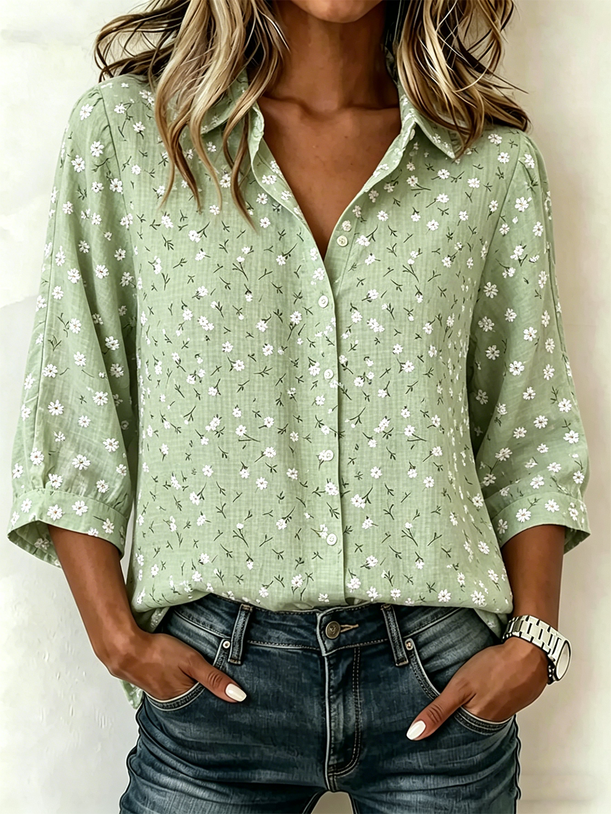 Vintage Floral Shawl Collar Half Sleeve Linen Blend Blouse