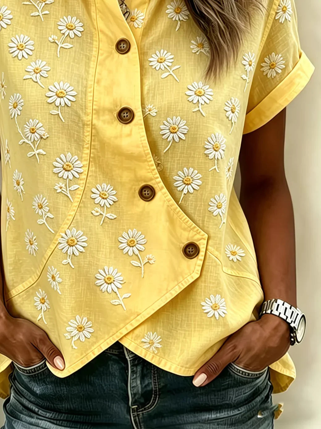 Floral Print Shawl Collar Short Sleeve Irregular Buckle Casual Blouse