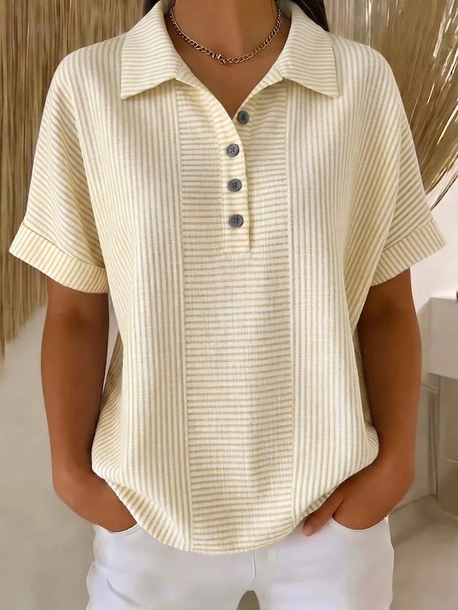 Striped Print Polo Collar Half Placket Short Sleeve Loose T-Shirt