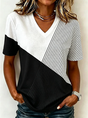 Color Block Striped Geometric V Neck Short Sleeve Loose Jersey T-Shirt