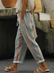Abstract Strip Print Mid Waist Drawstring Straight Linen Blend Ankle Pants