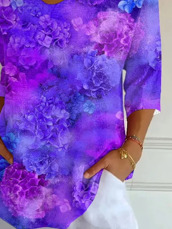 Purple Floral Print V Neck Three Quarter Sleeve Loose T-Line Graphic Tee