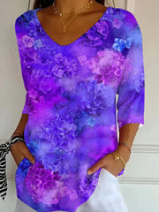 Purple Floral Print V Neck Three Quarter Sleeve Loose T-Line Graphic Tee