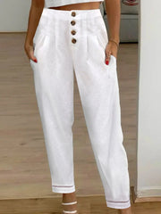Plain Natural Waist Button Front Lace Cuff Loose H-Line Cotton Long Straight Pants