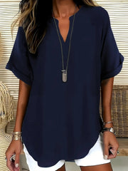 Plain Shawl Collar Rolled Half Sleeve Loose H-Line Cotton Polyester Blouse