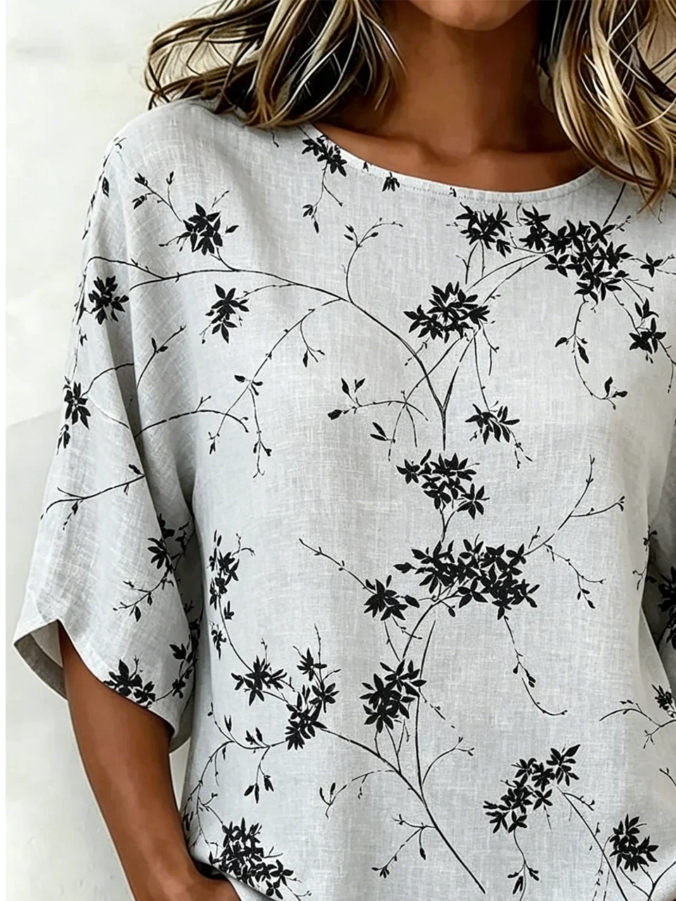 Botanical Leaf Print Crew Neck Half Sleeve Loose A-Line Linen Rayon Blend Vintage Blouse