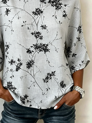 Botanical Leaf Print Crew Neck Half Sleeve Loose A-Line Linen Rayon Blend Vintage Blouse