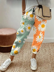 Daisy Floral Print Natural Waist Loose H-Line Straight Polyester Ankle Pants