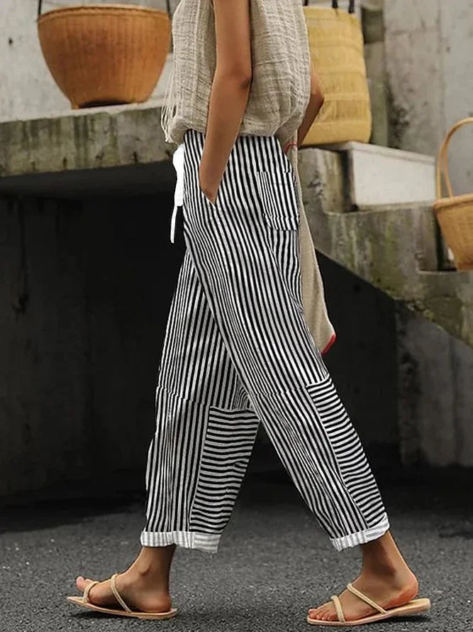 Vertical Stripe Natural Waist Loose H-Line Baggy Long Polyester Casual Pants