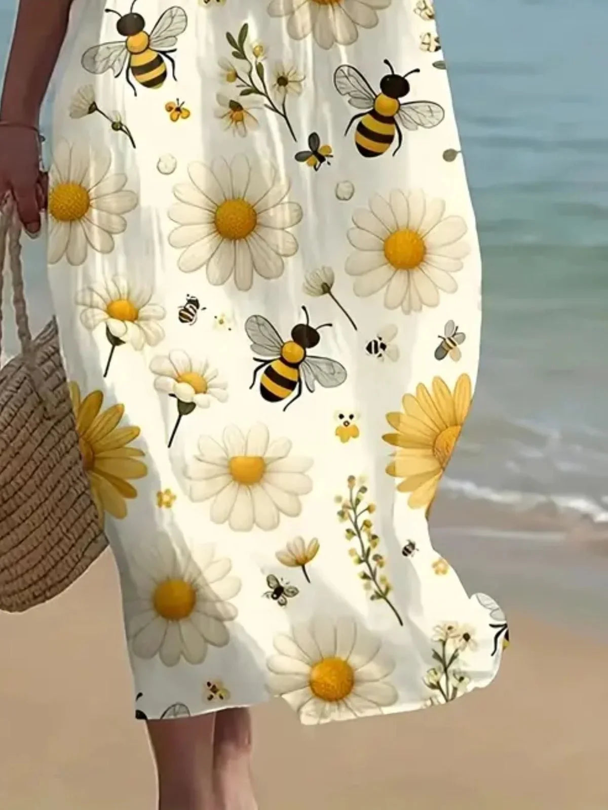 Daisy Bee Floral Print Crew Neck Short Sleeve Regular Fit A-Line Cotton Polyester Maxi Dress