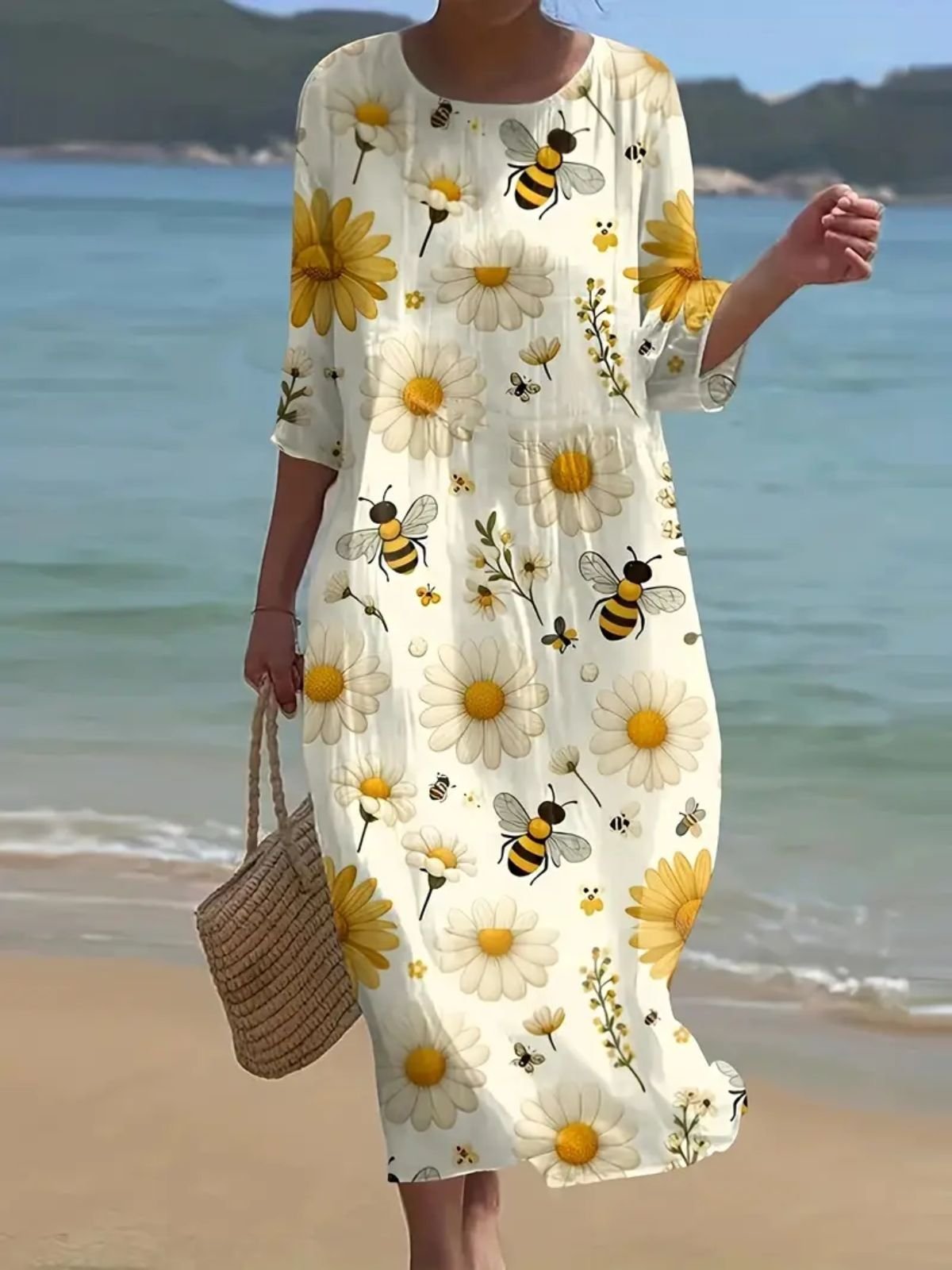 Daisy Bee Floral Print Crew Neck Short Sleeve Regular Fit A-Line Cotton Polyester Maxi Dress