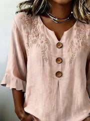 Floral Embroidery V Neck Half Ruffle Sleeve Regular Fit H-Line Polyester Vintage Blouse