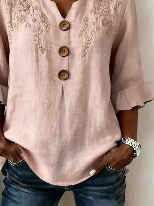 Floral Embroidery V Neck Half Ruffle Sleeve Regular Fit H-Line Polyester Vintage Blouse