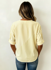 Vertical Stripe Stand Collar Three Quarter Sleeve Loose H-Line Cotton Linen Blend Casual Shirt
