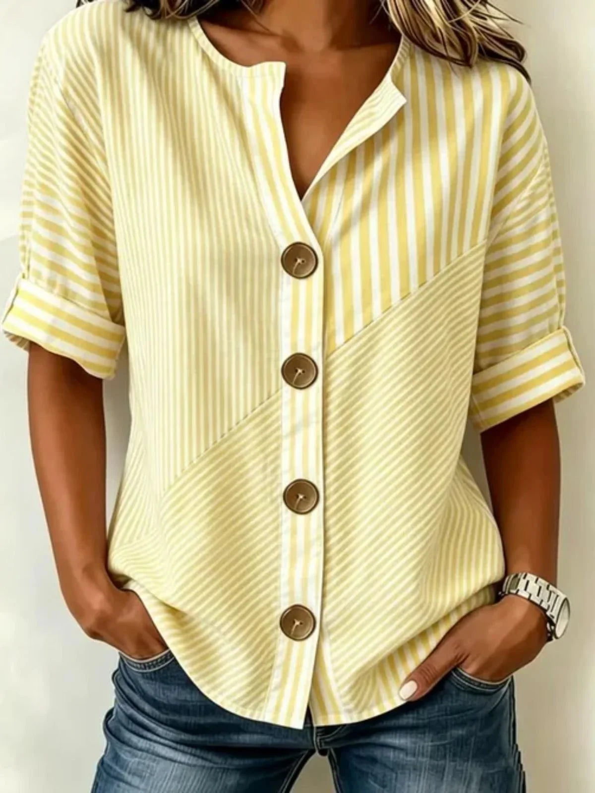 Vertical Stripe Stand Collar Three Quarter Sleeve Loose H-Line Cotton Linen Blend Casual Shirt