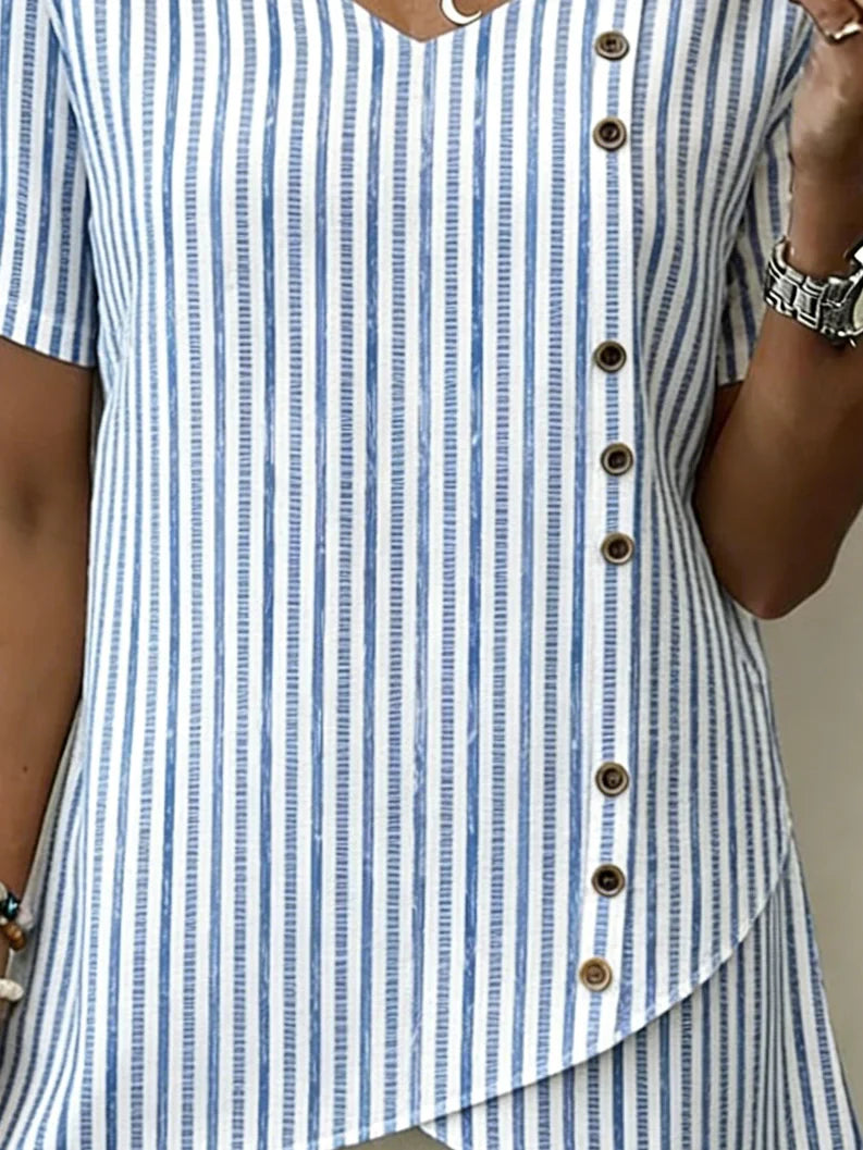 Vertical Stripe V Neck Short Sleeve Loose H-Line Linen Rayon Blend Elegant Vintage Blouse