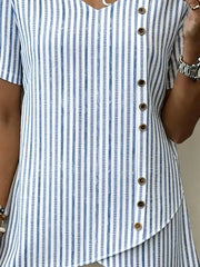 Vertical Stripe V Neck Short Sleeve Loose H-Line Linen Rayon Blend Elegant Vintage Blouse