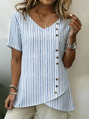 Vertical Stripe V Neck Short Sleeve Loose H-Line Linen Rayon Blend Elegant Vintage Blouse