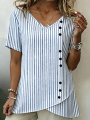 Vertical Stripe V Neck Short Sleeve Loose H-Line Linen Rayon Blend Elegant Vintage Blouse