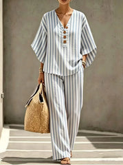 Vertical Stripe V Neck Button Short Sleeve Loose H-Line Cotton Blend Top With Long Pants Casual Two Piece Set