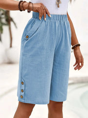 Plain Mid Waist Loose H-Line Straight Knee Length Polyester Elegant Bermuda Shorts
