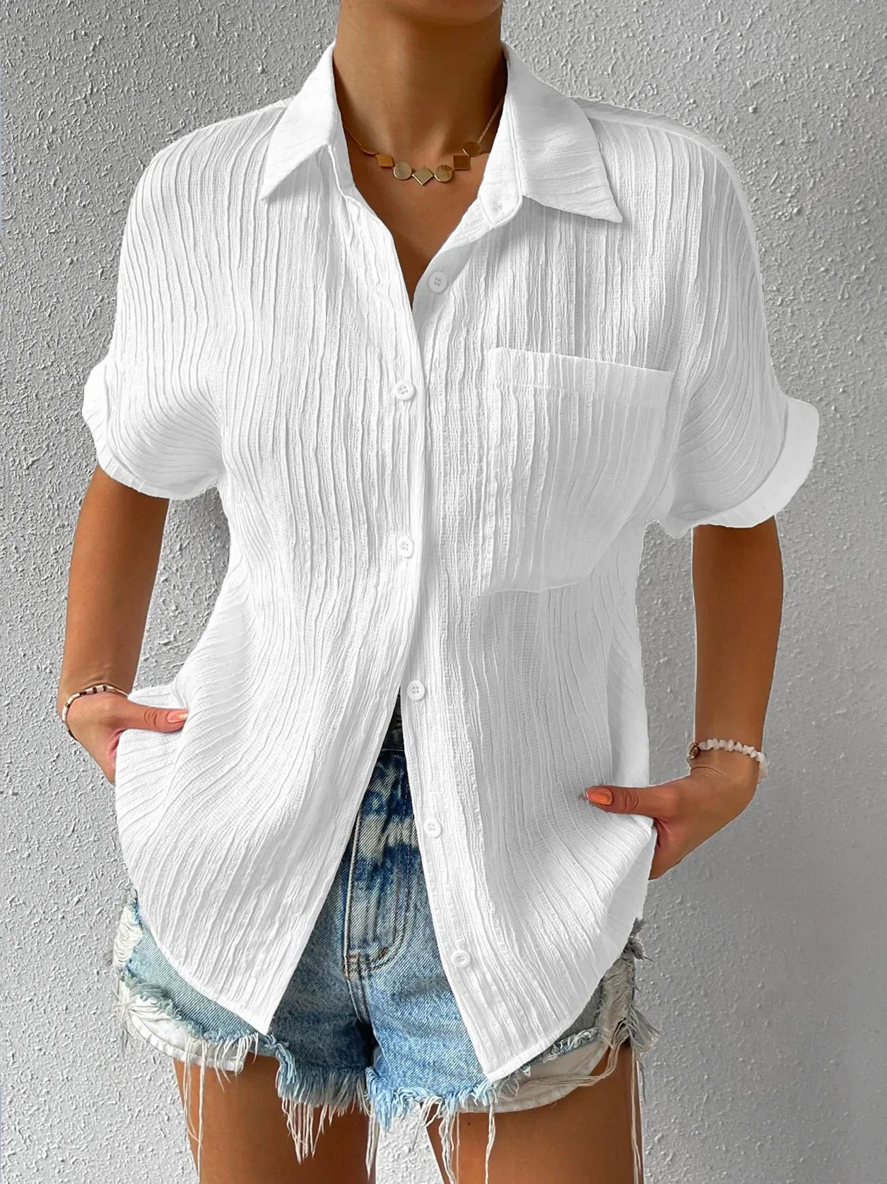 Plain Textured Shirt Collar Short Sleeve Button Front Loose H-Line Mid-Length Polyester Casual Tunic Blouse