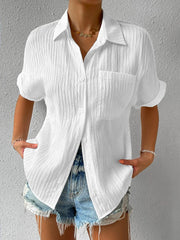 Plain Textured Shirt Collar Short Sleeve Button Front Loose H-Line Mid-Length Polyester Casual Tunic Blouse