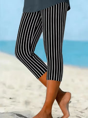 Vertical Stripe Natural Elastic Waist Regular Fit H-Line Capri Rayon Casual Leggings