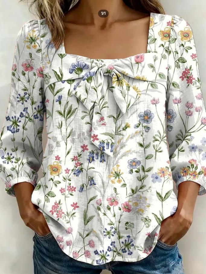 Women's Floral Art Print Square Neck Bow Front Puff Long Sleeve Cotton Linen Casual Shirt