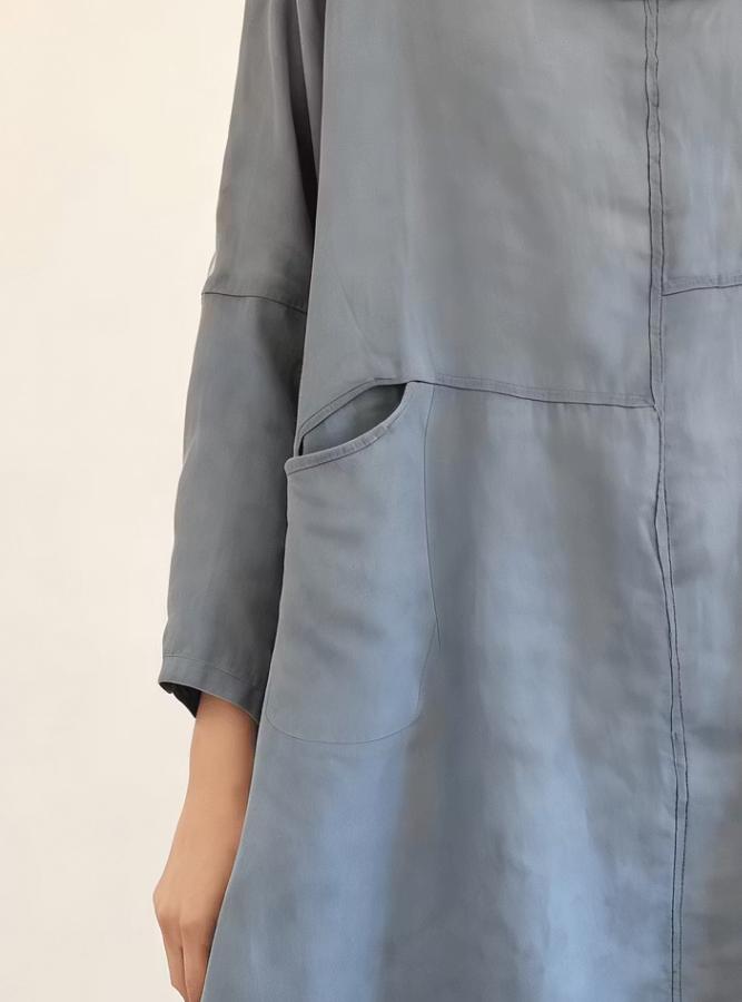 Women Loose Irregular Hem Round Neck 3/4 Sleeve Solid Color Casual Polyester Tunic Top With Pocket