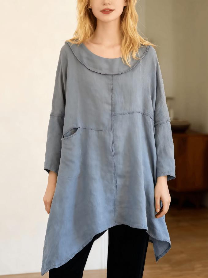 Women Loose Irregular Hem Round Neck 3/4 Sleeve Solid Color Casual Polyester Tunic Top With Pocket