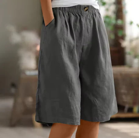 Women Elastic Waist Solid Color Mid-Thigh Linen Casual Comfort Bermuda Shorts With Side Pockets