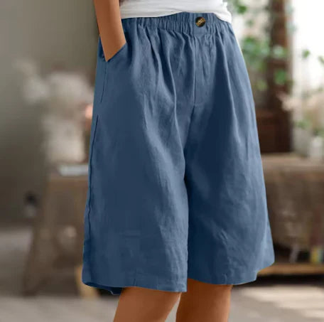 Women Elastic Waist Solid Color Mid-Thigh Linen Casual Comfort Bermuda Shorts With Side Pockets