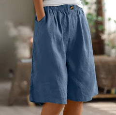 Women Elastic Waist Solid Color Mid-Thigh Linen Casual Comfort Bermuda Shorts With Side Pockets
