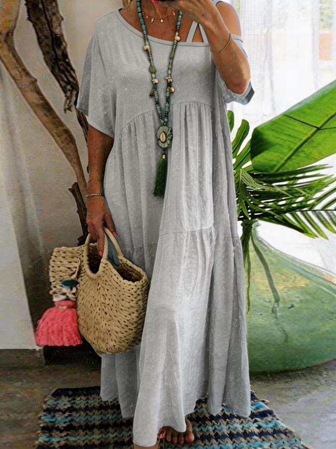 Women Asymmetrical Neckline Short Sleeve Solid Cotton Casual Tiered Maxi Dress