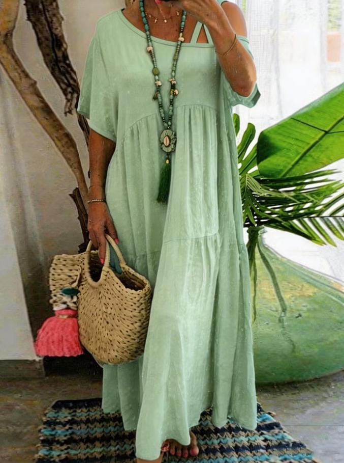 Women Asymmetrical Neckline Short Sleeve Solid Cotton Casual Tiered Maxi Dress
