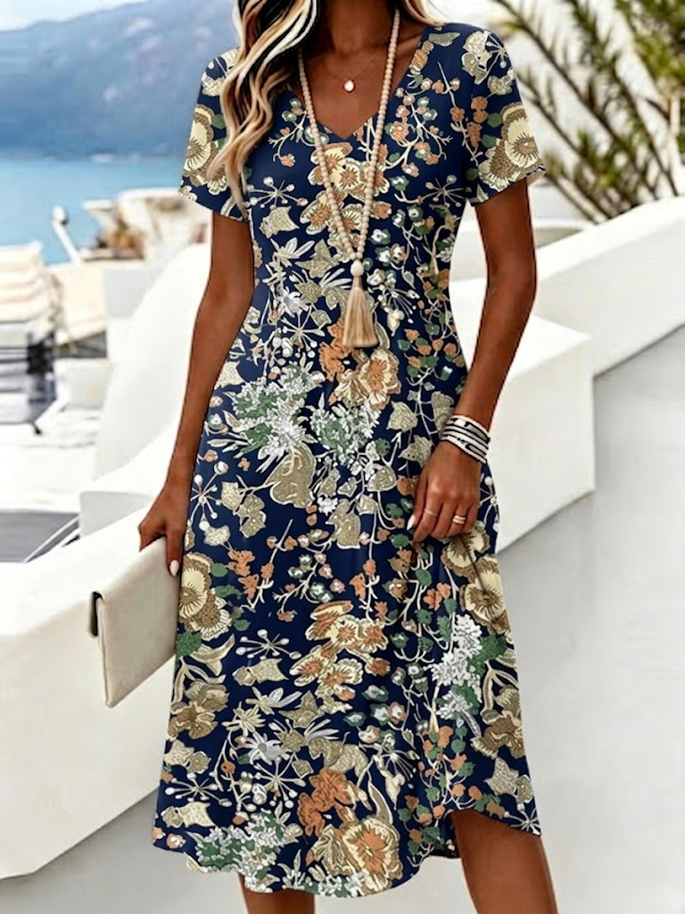 Vintage Floral Print Midi Dress Women V Neck Short Sleeve A-Line Casual Holiday Sundress