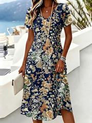 Vintage Floral Print Midi Dress Women V Neck Short Sleeve A-Line Casual Holiday Sundress